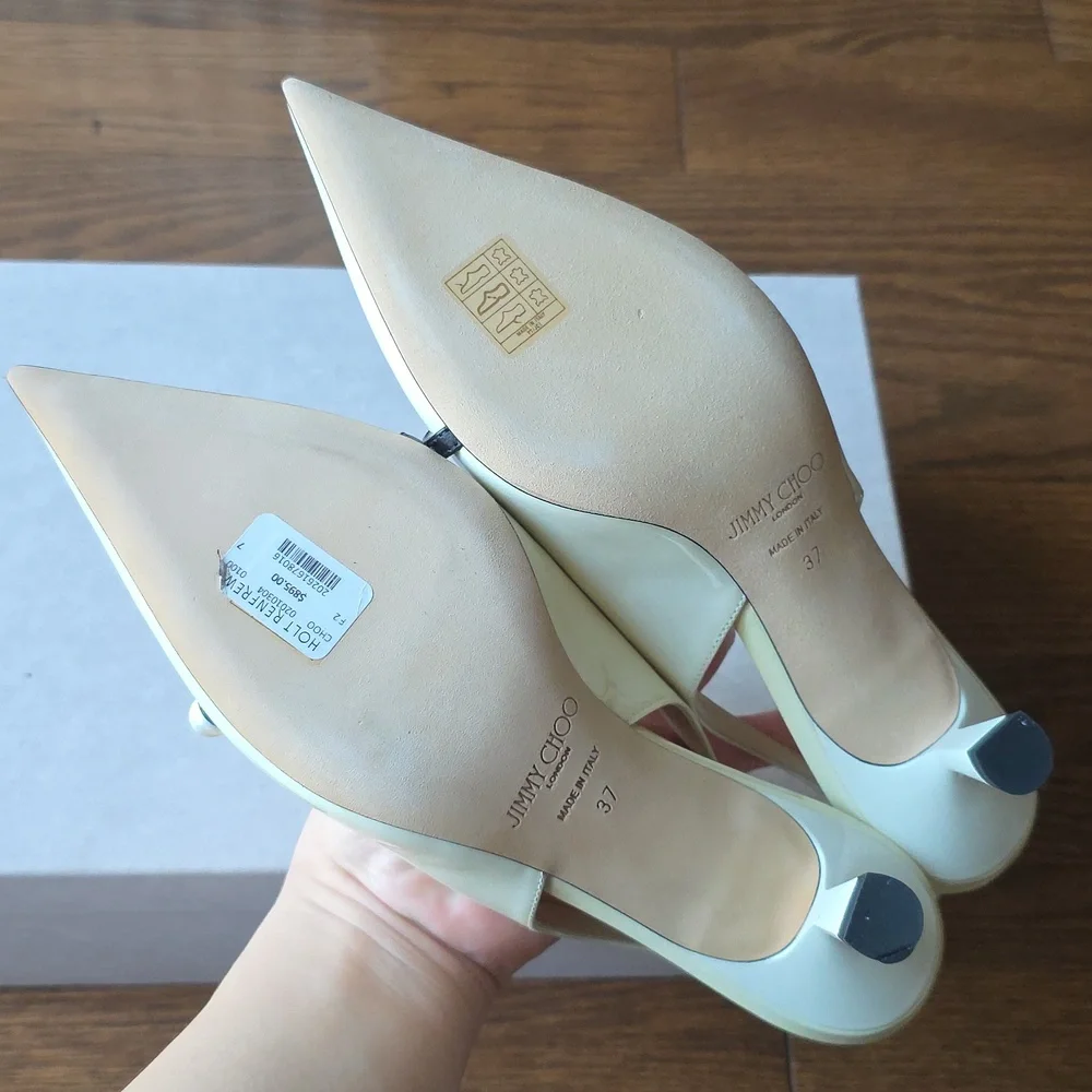Jimmy Choo Ivory Slingback Pump with Black Strap and Pearl Accent - Picture 4 of 4